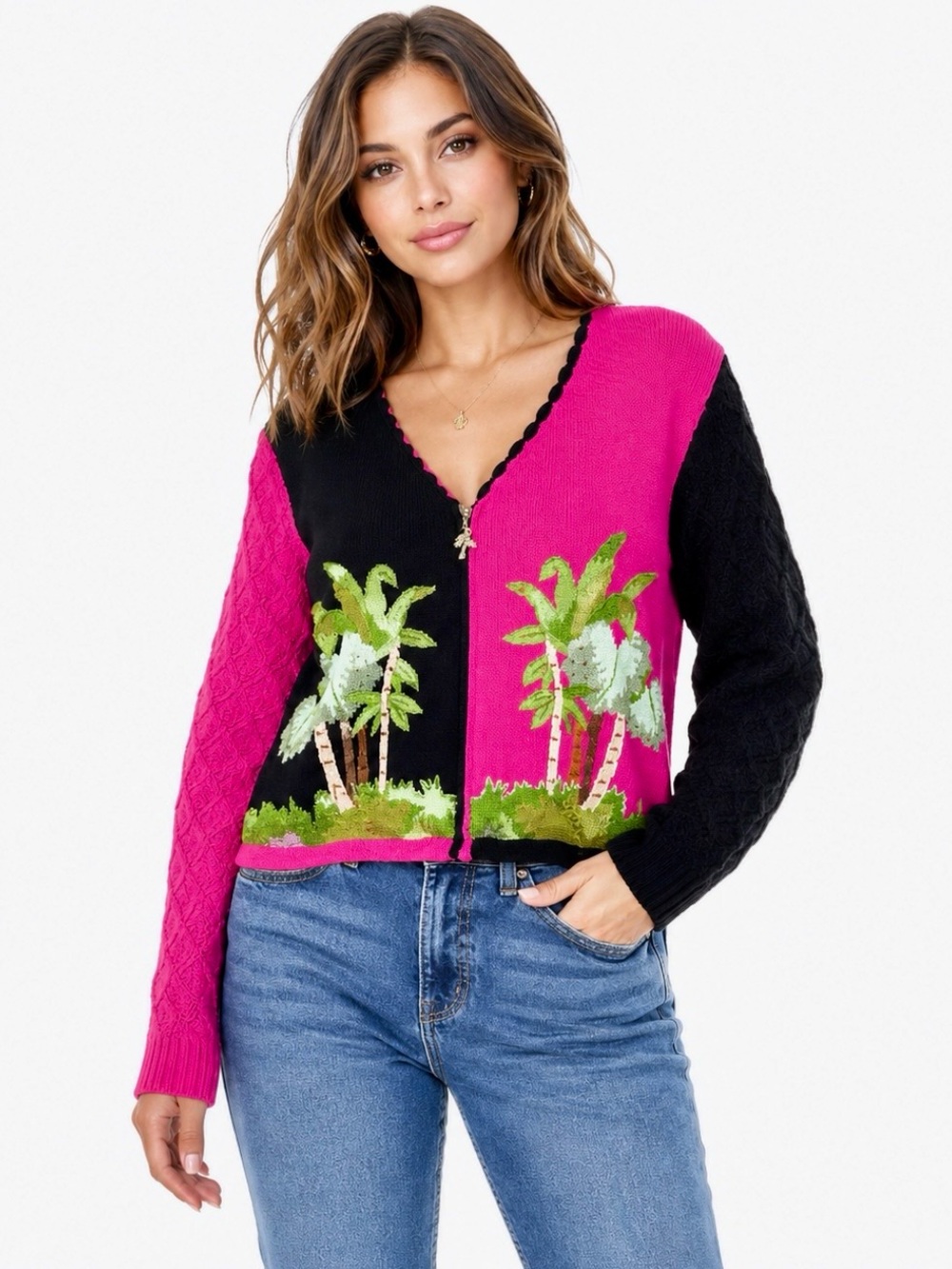 Vintage 90s J Two New York Palm Tree Zip Cardigan Sweater Black Hot Pink L